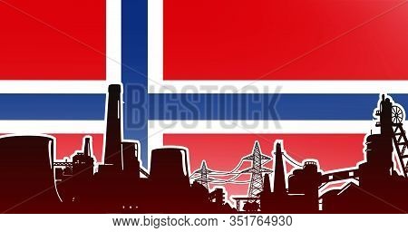 Industrial Illustration For Norway Vector Illustration, Manufacturing Concept Colored Red With Nucle