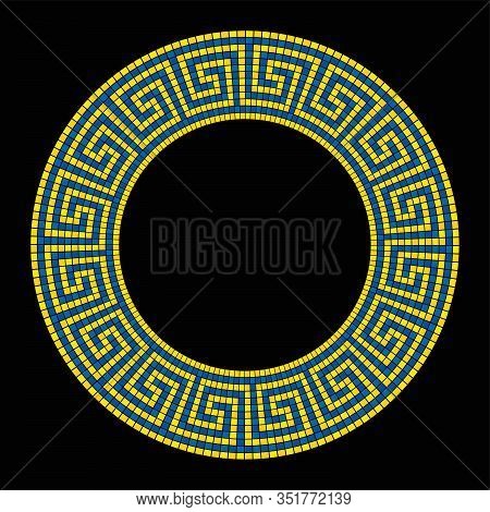 Circle Shaped Meander Mosaic, Frame In Yellow And Blue. Frame With Seamless Meander Pattern. Constru