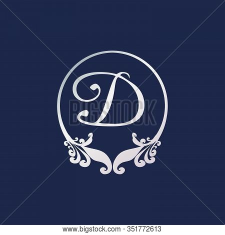 Letter D Decorative Crown Ring Alphabet Logo Isolated On Navy Blue Background. Luxury Silver Initial