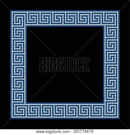 Square Shaped Meander Mosaic, Frame In Blue And White. Frame With Seamless Meander Pattern. Construc