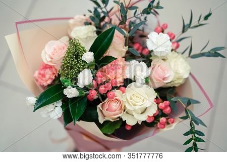 Bouquet In Soft Pink Tones With Exotic Berries
