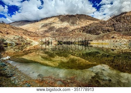 Lohan Tso mountain lake - sacred holy Tibetan buddhist buddhism piligrimage site. Nubra valley, Ladakh, India