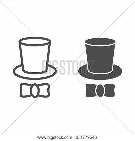 Magician Cap Line And Solid Icon. Black Mans Retro Gentleman Hat Cylinder And Bow. Birthday Party Ve