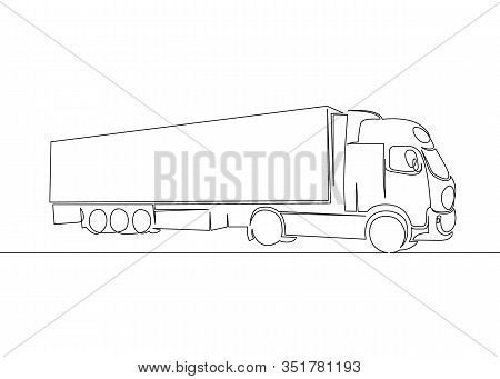 One Continuous Drawn Single Art  Line  Doodle  Drawing  Sketch Truck With Cargo Trailer Driving. Con