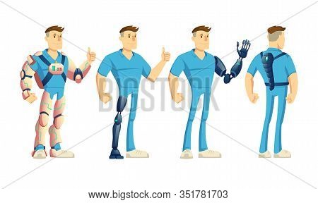 Disabled Man Wearing Innovative Exoskeleton Or Exosuit, Handicapped Or Injured Person Using Robotic 