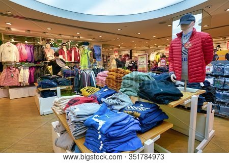 HONG KONG - JANUARY 22, 2019: interior shot of Bossini shop. Bossini International Holdings Limited and its subsidiaries is an apparel brand owner, retailer and franchiser, headquartered in Hong Kong.