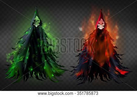 3d Realistic Illustration Of Death - Horrible Reaper In Black Dud, Clothes With Hoods. Black Scary S