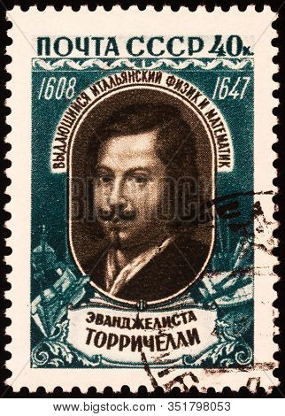 Moscow, Russia - February 20, 2020: Stamp Printed In Ussr (russia), Shows Evangelista Torricelli (16