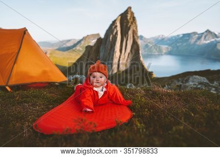 Baby On Camping Mat In Mountains Family Vacations Adventure Healthy Lifestyle Cute Child Hiking Acti