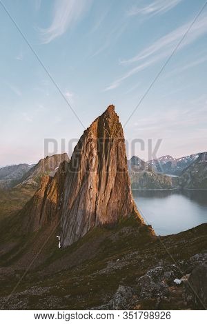 Segla Mountain Peak Landscape In Norway Sunset Rocks And Fjord View Sustainable Travel Beautiful Des