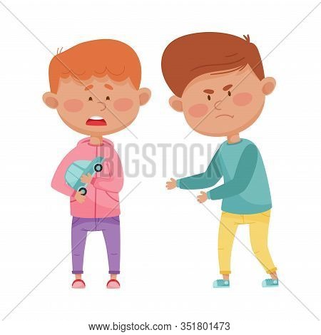 Little Boy With Aggressive Face Expression Going To Take Away Toy Car From His Agemate Vector Illust