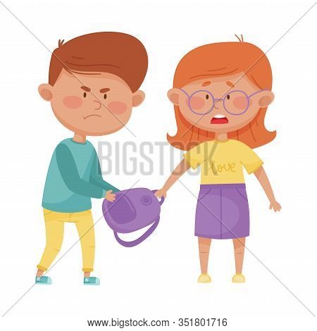 Little Boy With Aggressive Face Expression Taking Away Schoolbag From His Agemate Vector Illustratio