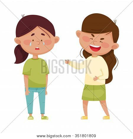 Little Girl Teasing And Laughing At Her Crying Agemate Vector Illustration