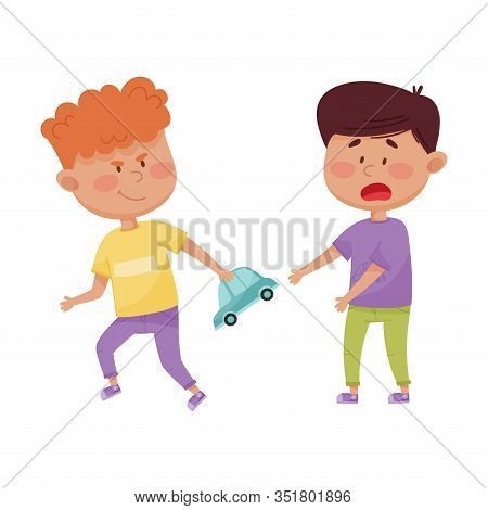 Little Boy With Grin On His Face Taking Away Toy Car From His Agemate Vector Illustration