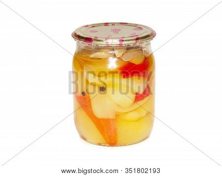 Juicy Preserved Sweet Peppers In A Glass Jar With Metal Cap On White Background, Ecologial Homemade 