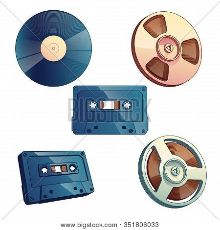 Retro Media Storage For Music And Sound Set Isolated On White Background. Audio Cassette, Bobbin, Ma