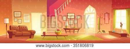 House Cozy Hall, Home Living Room, Spacious Antechamber, Anteroom Or Vestibule Interior Cartoon With