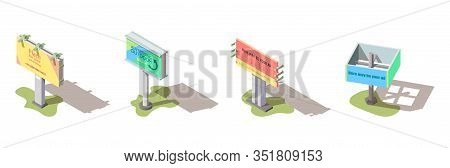 Outdoor Advertisement Two, Four Side Billboards With Ad Sample Text On Colorful Background, Grass Un