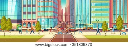 Modern Metropolis Street Life Cartoon Concept With People Hurrying In Business At City Street, Towns
