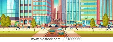 Modern City Street At Hour Rush Cartoon Concept. People Hurrying In Business, Townsfolk Walking Side