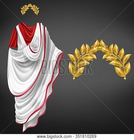 Ancient White Toga On Red Tunic And Golden Laurel Wreath 3d Realistic Isolated On Black Background. 