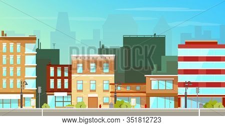 Modern City, Town Street Flat With Low-rise Houses, Commercial, Public Buildings In Various Architec