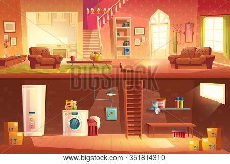 Home Interior Cross Section With Spasious Hall, Living Room, Kitchen, Stairs On Second Floor, Laundr