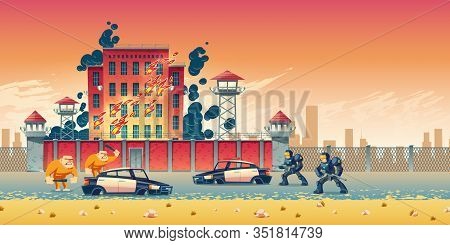 Prisoners Rebellion Or Riot In City Prison Cartoon Concept. Inmates Escaping From Jail, Crushing Pol