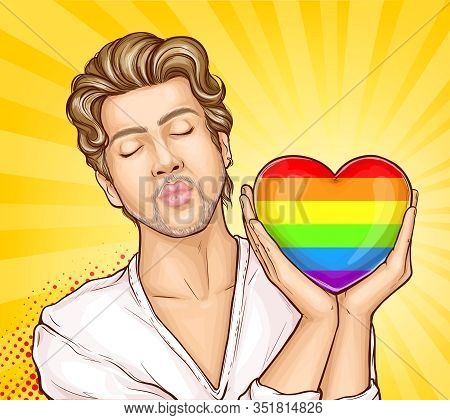 Shoulder Portrait Of Gay Man, Homosexual Male With Closed Eyes, Folding Lips For Kiss, Holding Heart