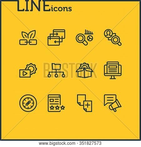 Vector Illustration Of 12 Advertisement Icons Line Style. Editable Set Of Market Analysis, Service P