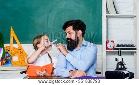 Private Lesson. School Teacher And Schoolgirl. Pedagogue Skills. Talented Pedagogue. Work Together T
