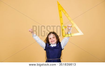 School Student Study Geometry. Kid School Uniform Hold Ruler. School Education Concept. Learn Mathem