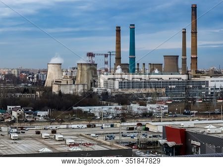 Bucharest, Romania - January 31, 2020: The Chimneys Of The Cet Sud Power Plant, Which Pollute With S