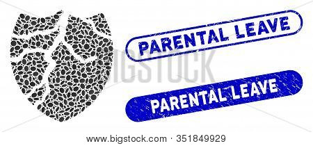Mosaic Corrupted Shield And Distressed Stamp Seals With Parental Leave Caption. Mosaic Vector Corrup