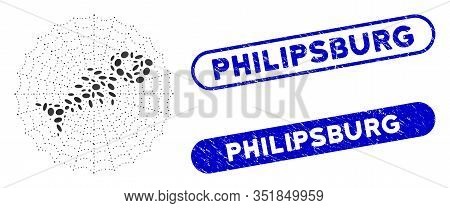 Mosaic Dead Fish Net And Rubber Stamp Seals With Philipsburg Text. Mosaic Vector Dead Fish Net Is Co