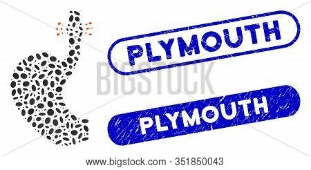 Mosaic Esophageal Cancer And Corroded Stamp Seals With Plymouth Phrase. Mosaic Vector Esophageal Can