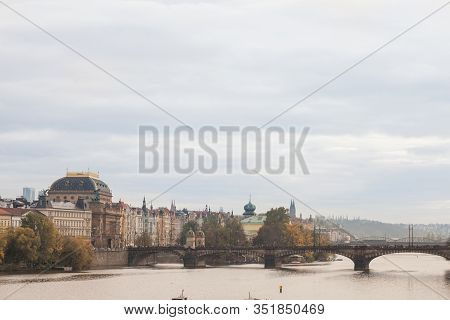 Panorama Of Prague, Czech Republic, Seen From The Vltava River, Also Called Moldau, With A Focus On 