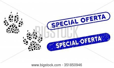 Mosaic Tiger Footprints And Rubber Stamp Seals With Special Oferta Text. Mosaic Vector Tiger Footpri
