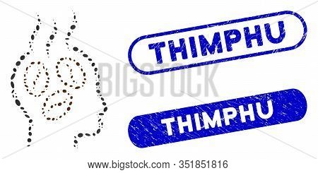 Mosaic Coffee Dreams Head And Rubber Stamp Seals With Thimphu Phrase. Mosaic Vector Coffee Dreams He