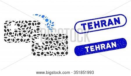 Mosaic Card To Card Transfer And Grunge Stamp Seals With Tehran Text. Mosaic Vector Card To Card Tra