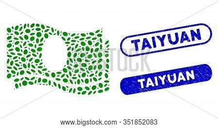 Mosaic Banknotes And Distressed Stamp Watermarks With Taiyuan Text. Mosaic Vector Banknotes Is Creat