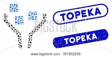 Mosaic Data Filtering And Grunge Stamp Seals With Topeka Text. Mosaic Vector Data Filtering Is Compo