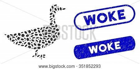 Mosaic Goose And Corroded Stamp Seals With Woke Text. Mosaic Vector Goose Is Composed With Random El