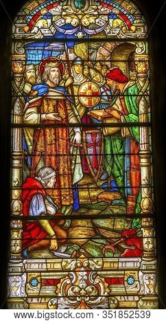 New Orleans, Louisiana, United States - October 6,2019 King Crusades Stained Glass Saint Louis Basil