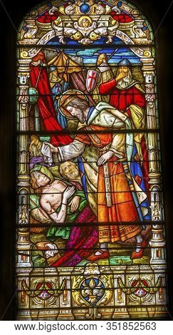 New Orleans, Louisiana, United States - October 6,2019 King Blessing Soldiers Stained Glass Saint Lo