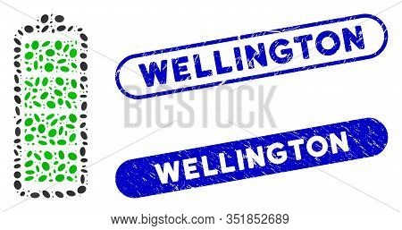 Mosaic Full Battery And Grunge Stamp Seals With Wellington Text. Mosaic Vector Full Battery Is Desig