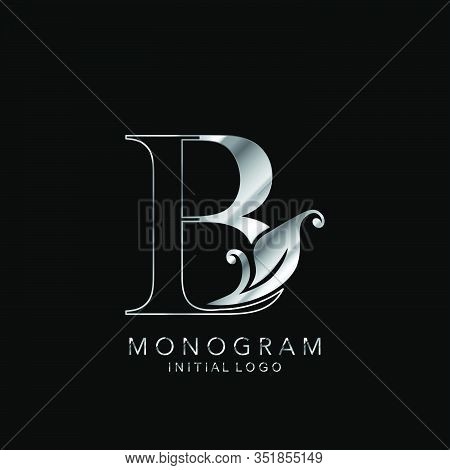 Monogram Initial Logo Letter B. Silver Vector Design Concept Floral Leaves For Business Identity.