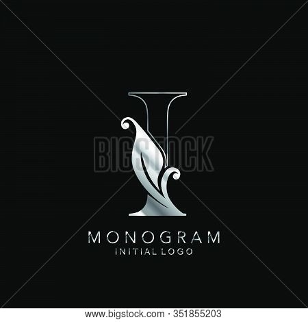 Monogram Initial Logo Letter I. Silver Vector Design Concept Floral Leaves For Business Identity.