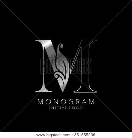 Monogram Initial Logo Letter M. Silver Vector Design Concept Floral Leaves For Business Identity.