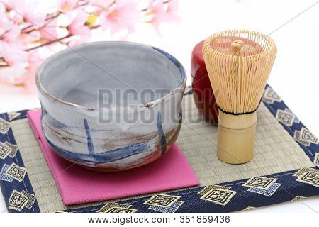 Tea Bowl With Tea Whisk Used In Japanese Matcha Green Tea Ceremony On White Hackgrond